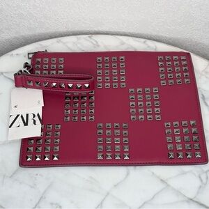 Zara bold red large studded 12 x12 ,statement clutch wristlet,evening NWT